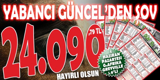 Yabancı Güncel Pazartesi Greyville Yarışlarında 1. 6'lı ganyanı otoritesi A.BURROWS ile 24.090,79 TL kazandırdı