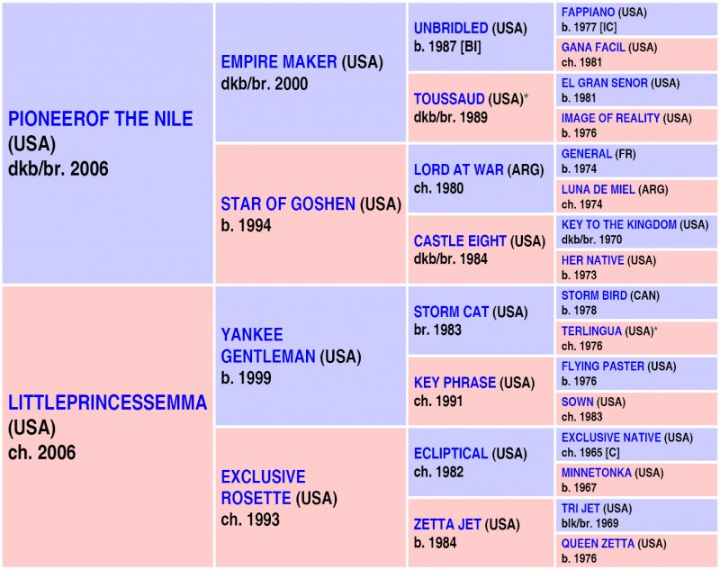 AMERICAN PHAROAH   (USA) b. H, 2012 {14} DP = 2-3-3-0-0 (8) DI = 4.33   CD = 0.88 - 11 Starts, 9 Wins, 1 Places, 0 Shows 