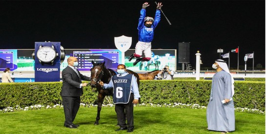 Frankie DETTORİ Dubai Wold Cup karnavalı için özel olarak Meydan Hipodromuna gitti kazandı uçtu